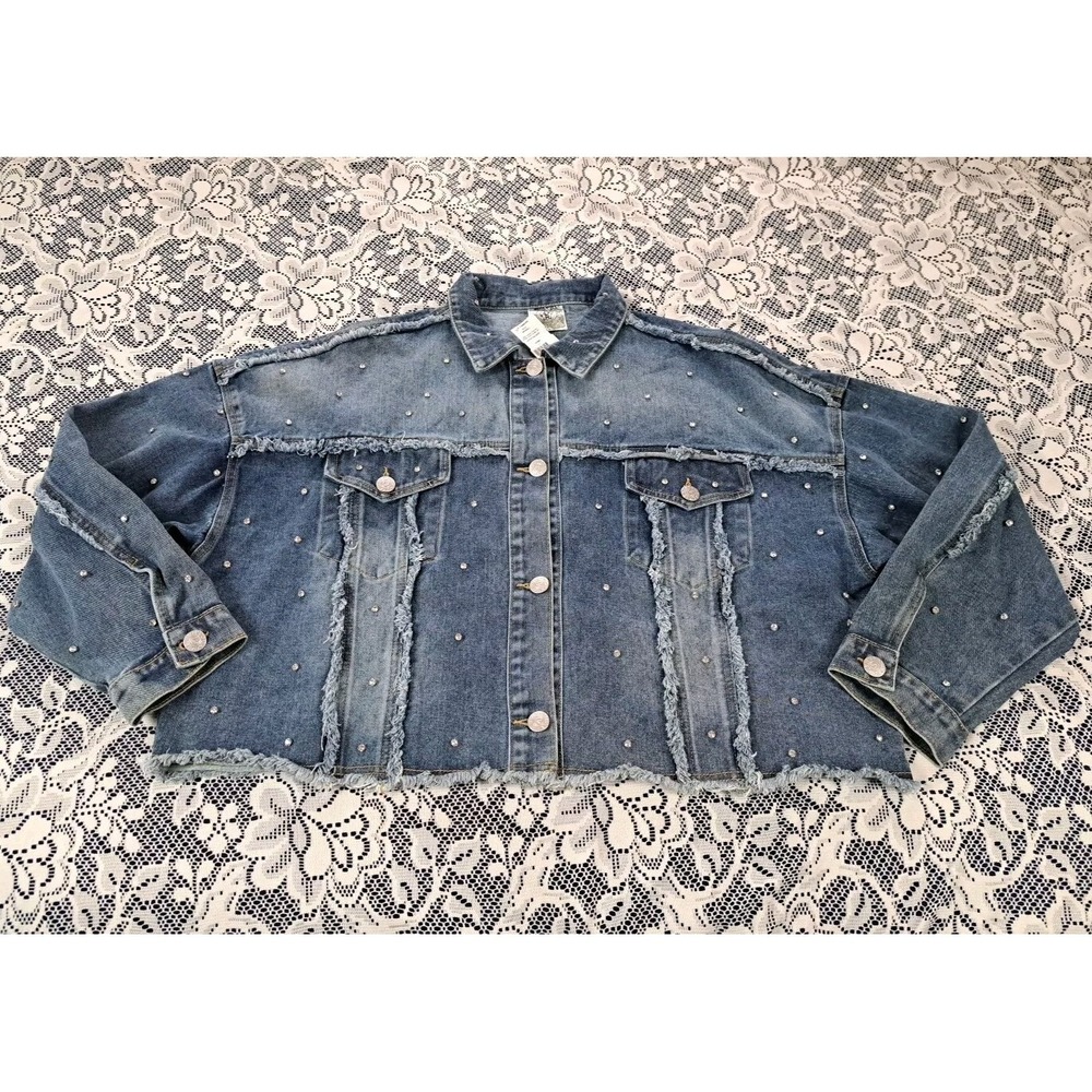 Vocal Jean Jacket L Cropped‎ Oversized Denim Embellished Studs Bling Pockets NWT